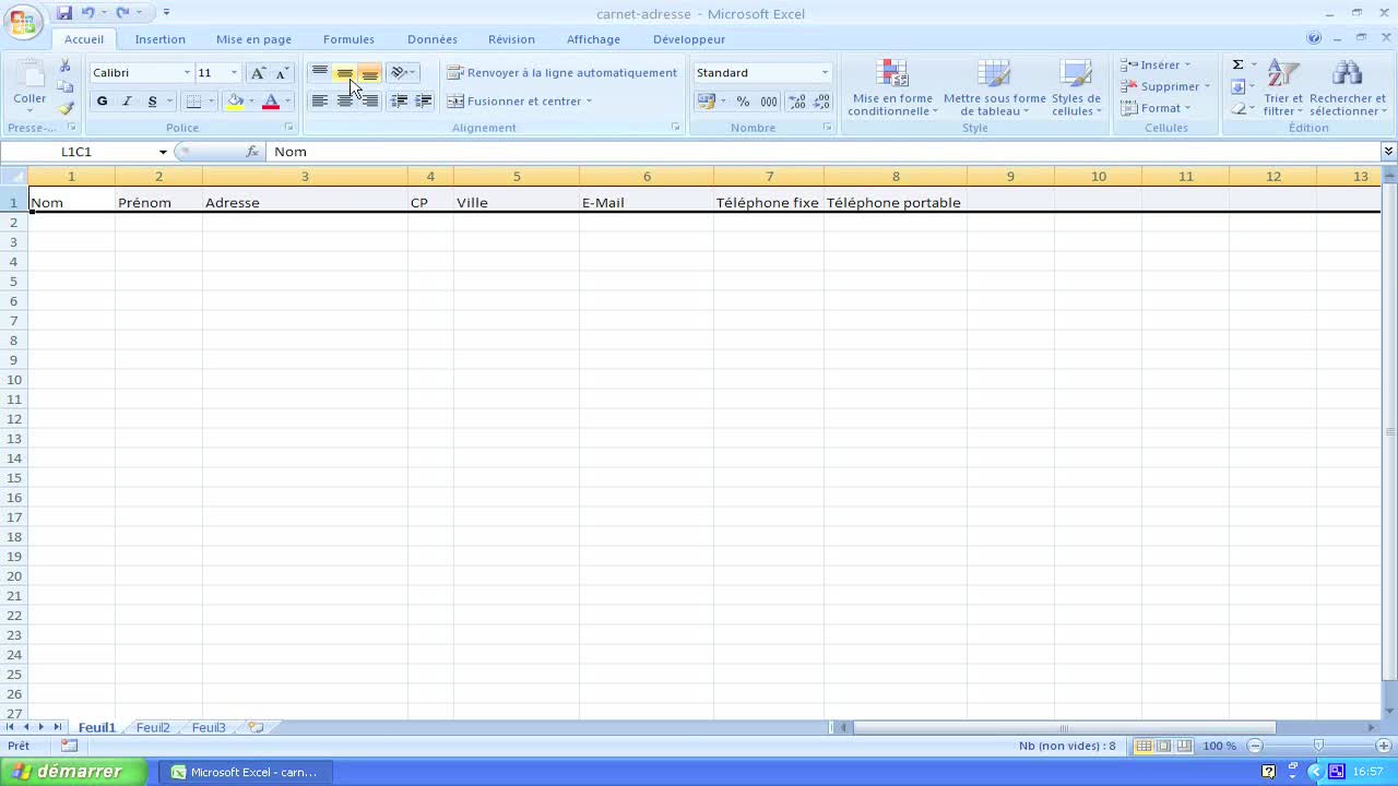 Carnet d'adresses : Création du tableau Excel
